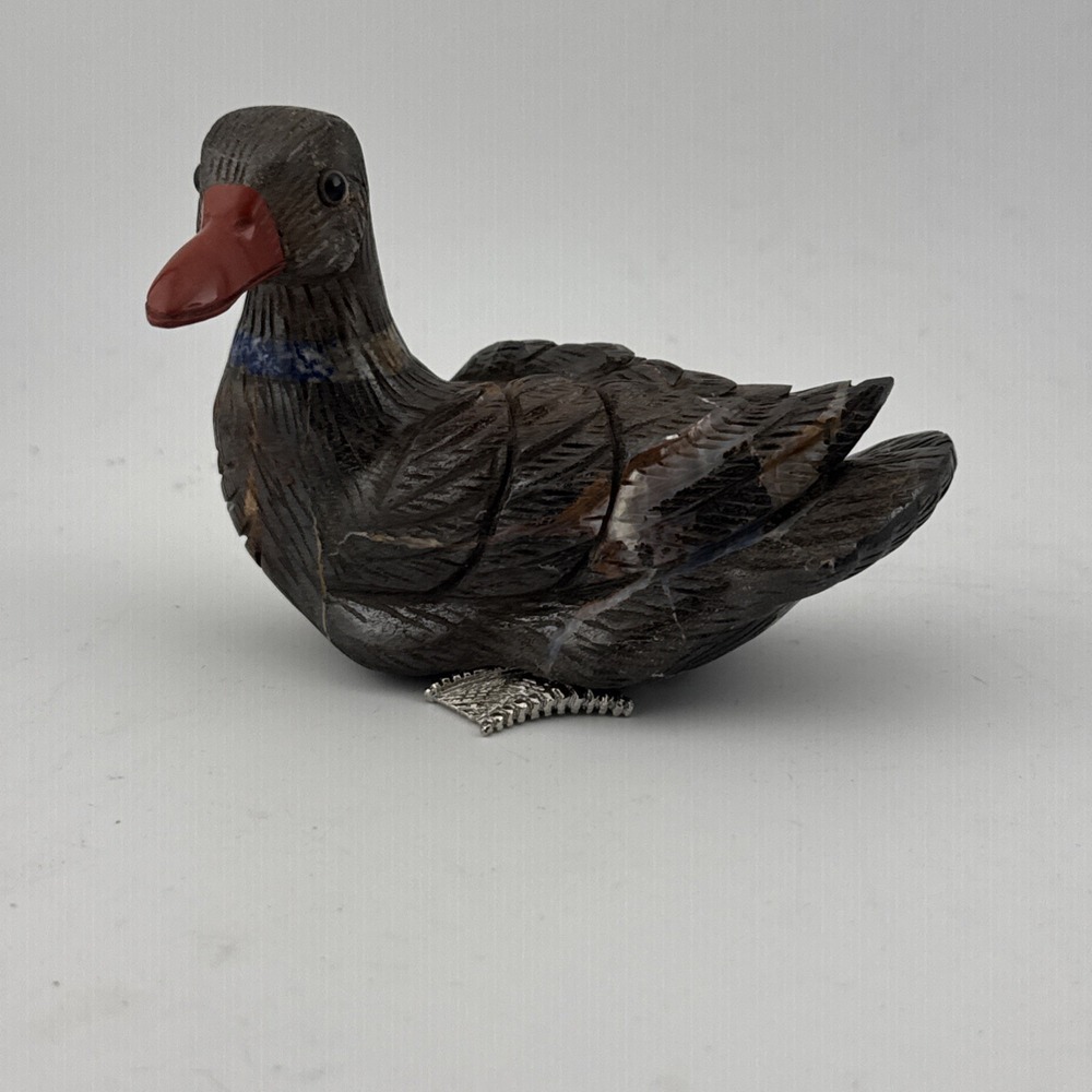 Zuni Style Carved Jasper Gem Duck Fetish Inlay Silver Base
